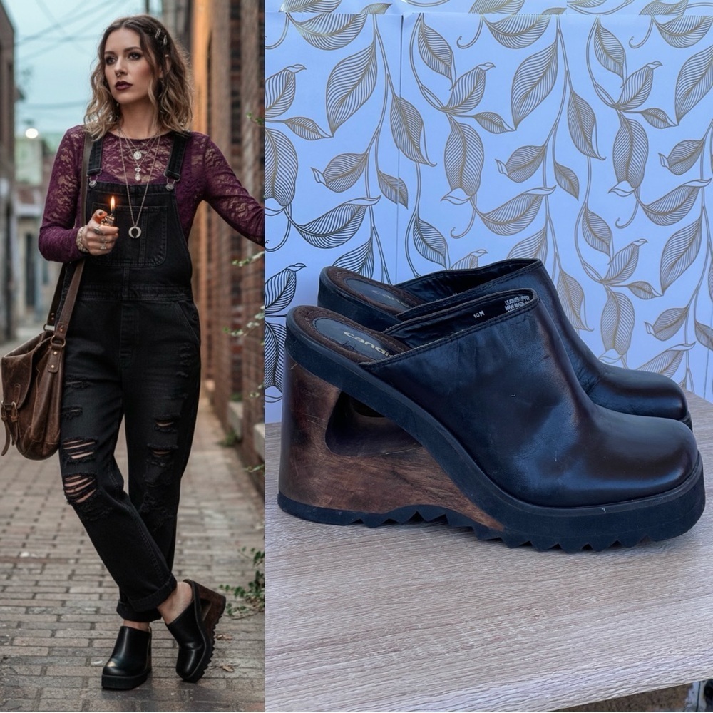 Vtg 90s Candie’s Platform Mules // Black Leather Square Toe Cutout Wood Wedge